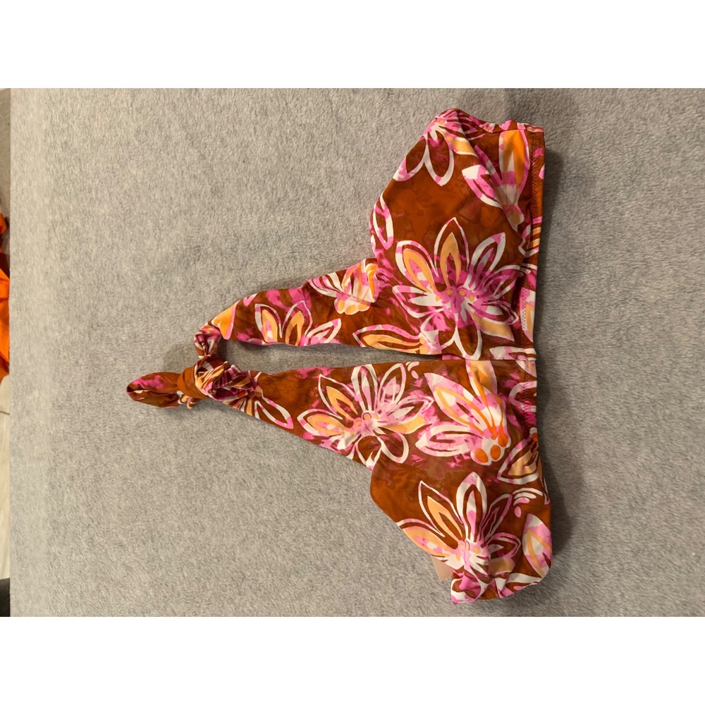 Aerie NWT Floral Halter Bikini Top Womens Large Pink Brown Orange Padded Tie